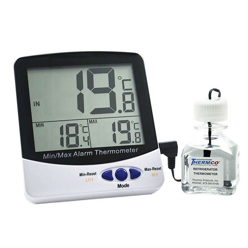 Digital Thermometer with Alarm Fahrenheit / Celsius -58° to +158°F (-50° to +70°C) Bottle Probe Flip-out Stand / Wall Mount Battery Operated (Each)