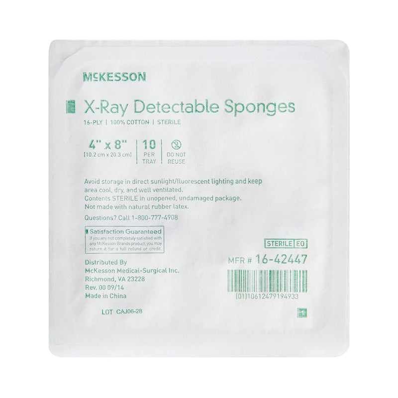 McKesson Sterile X-ray Detectable Gauze Sponge, 4 x 8 Inch, 16-Ply (800/CS)