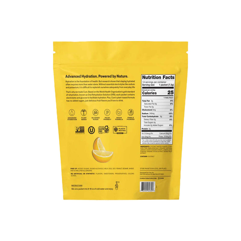 Cure Electrolyte Drink Mix made with Coconut Water, Lemonade, 7.7-gram Packets (14/PK)