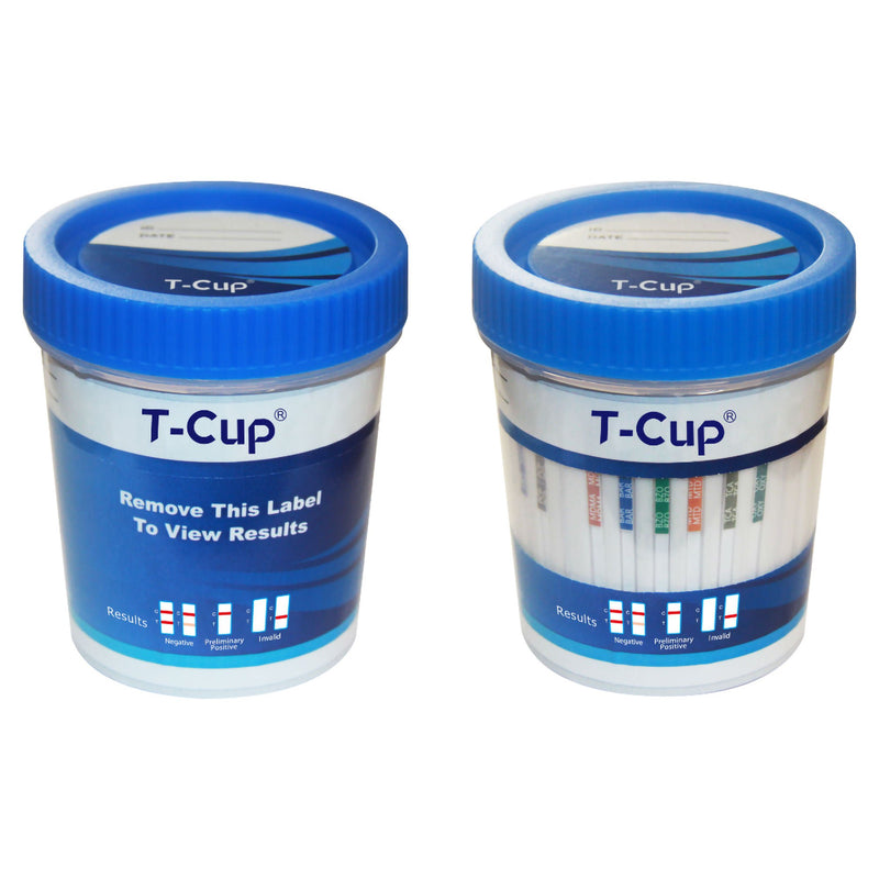 Drugs of Abuse Test Kit T-Cup AMP, BAR, BUP, BZO, COC, mAMP/MET, MDMA, MOP, MTD, OXY, PCP, THC (CR, pH, SG) 25 Tests CLIA Waived (Case of 100)