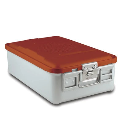 SklarLite Sterilization Container - Mid-Size, Standard Lid, Non-Perforated Bottom, 18-1/4" x 11" x 5", Red - 10-4352 