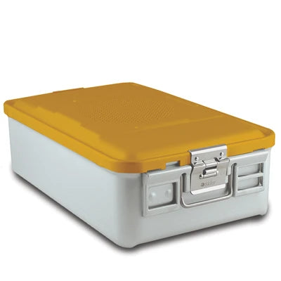 SklarLite Sterilization Container - Mid-Size, Safe Lid, Non-Perforated Bottom, 18-1/4" x 11" x 5", Yellow - 10-4372 