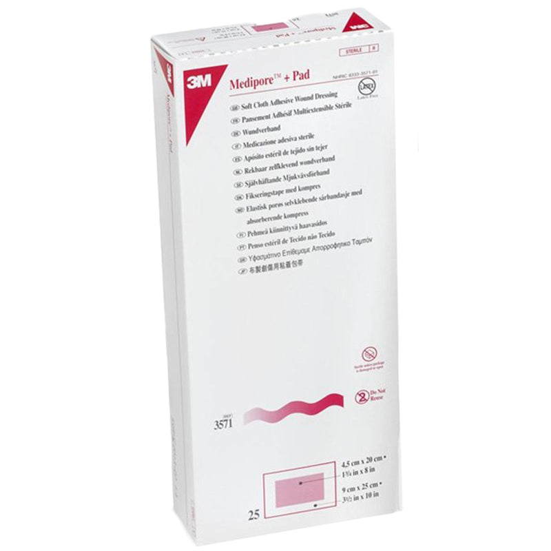 Solventum Corporation 3M Medipore + Pad Soft Cloth Adhesive Dressing, 3.5 x 10 Inch (100/CS) 