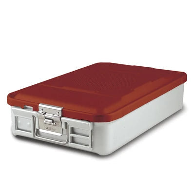 SklarLite Sterilization Container - Mid-Size, Safe Lid, Non-Perforated Bottom, 18-1/4" x 11" x 4", Red - 10-4328 