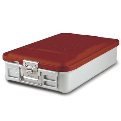 SklarLite Sterilization Container - Mid-Size, Safe Lid, Perforated Bottom, 18-1/4" x 11" x 4", Red - 10-4340