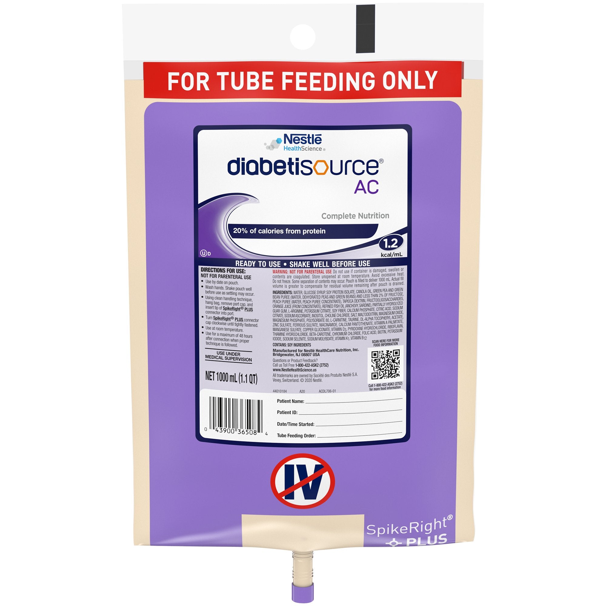 Nestle Healthcare Nutrition Diabetisource AC Tube Feeding Formula, 33.8 oz. Bag (6/CS)