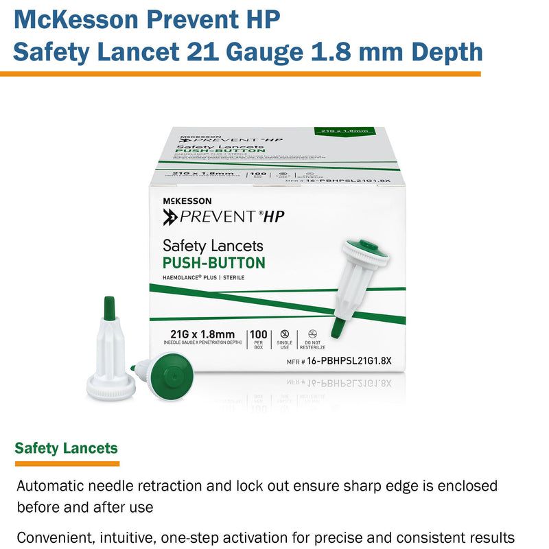 McKesson Prevent HP Push Button Safety Lancet, 21 Guage (100/BX)