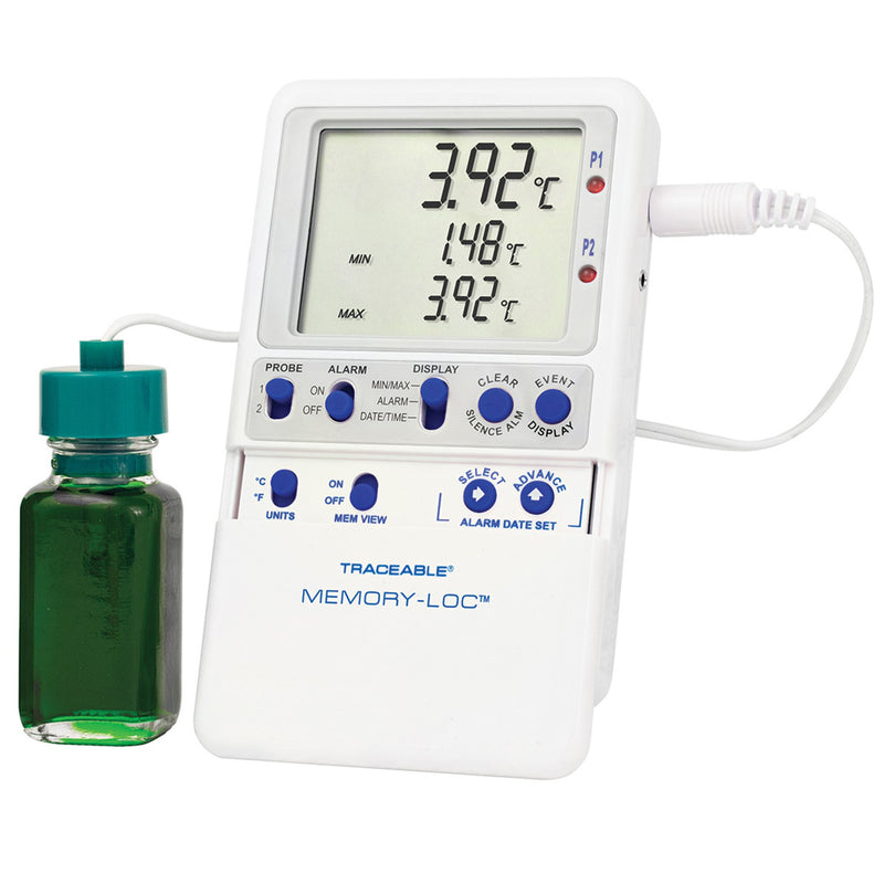 Datalogging Refrigerator / Freezer Thermometer with Alarm Traceable Memory-Loc Fahrenheit / Celsius -58° to +158°F (-50° to +70°C) Glycol Bottle Probe Multiple Mounting Options Battery Operated (Each)