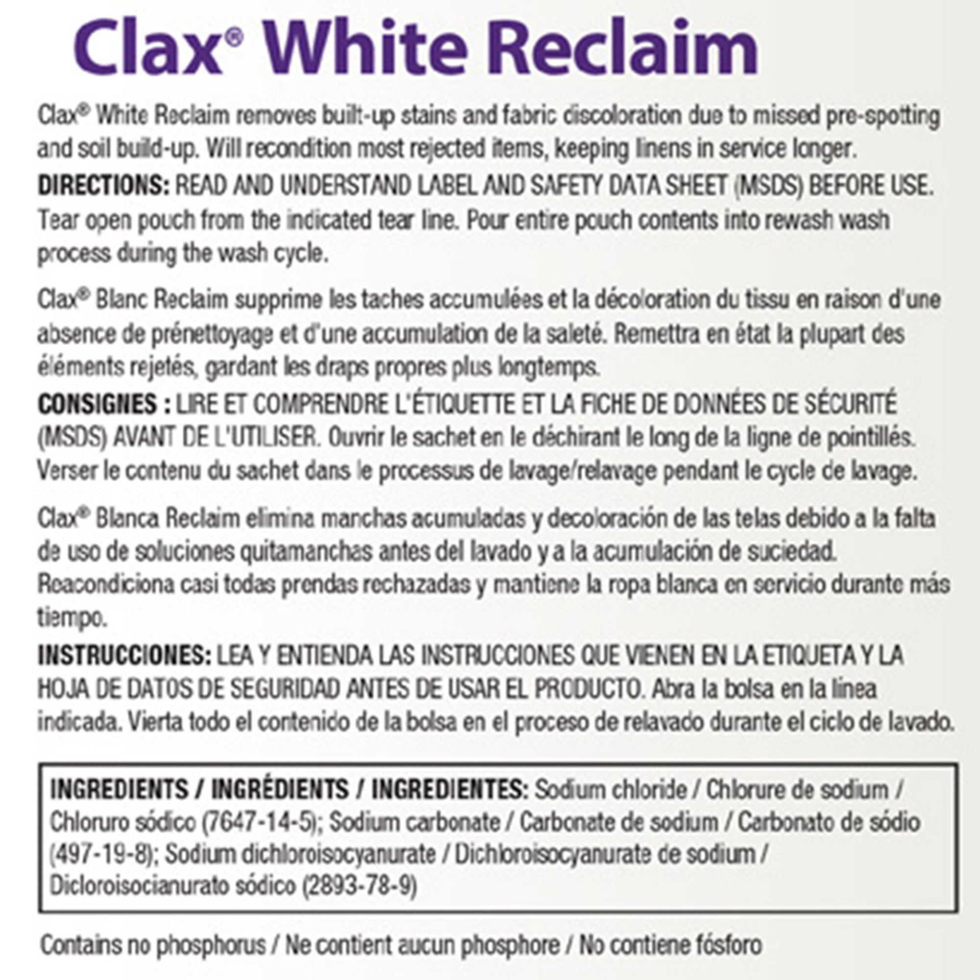 Diversey Laundry Stain Remover Diversey Clax White Reclaim 1 lb. Bag Powder Chlorine Scent (12/CS) 