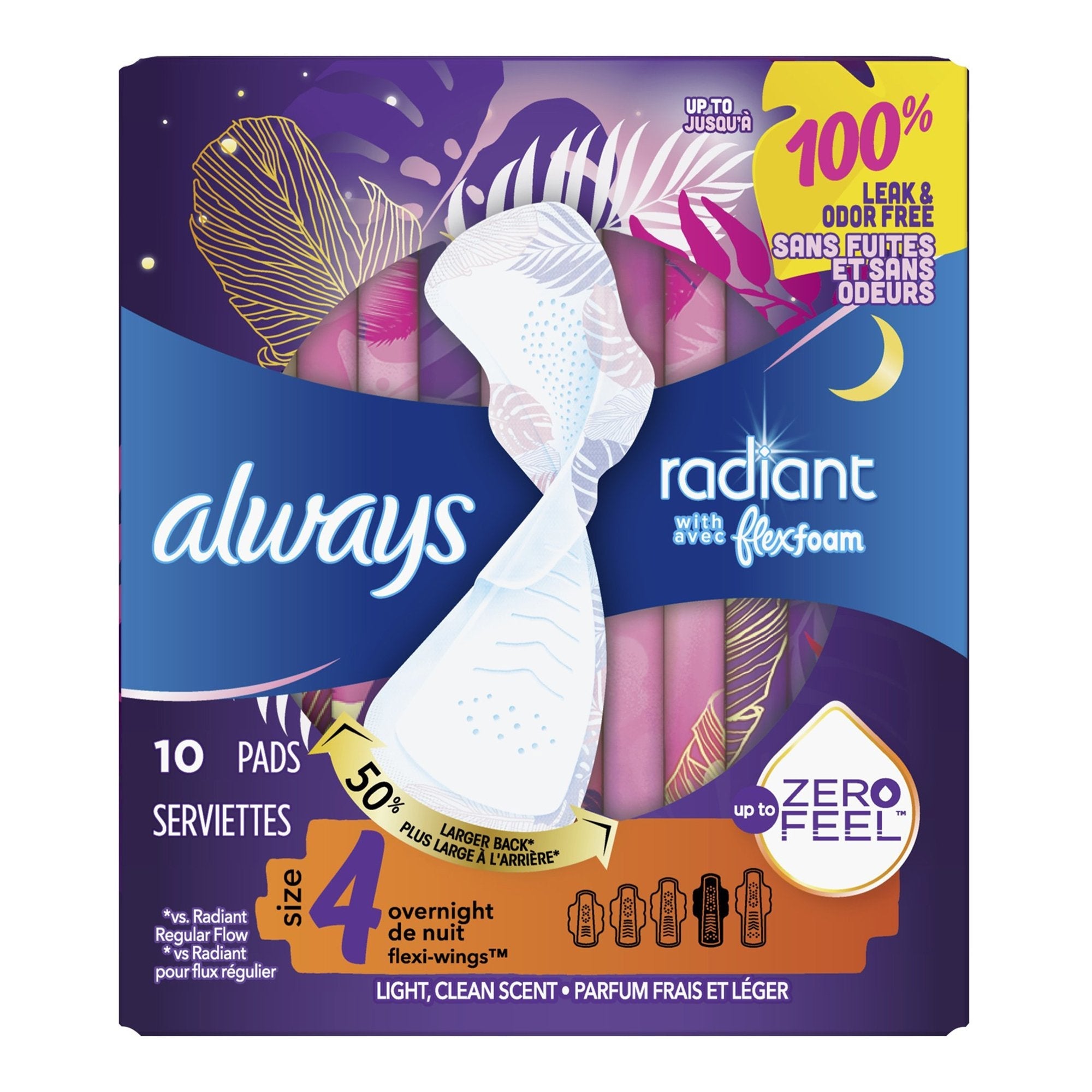 Procter & Gamble Always Radiant Overnight Pads, Size 4 (10/BX) 