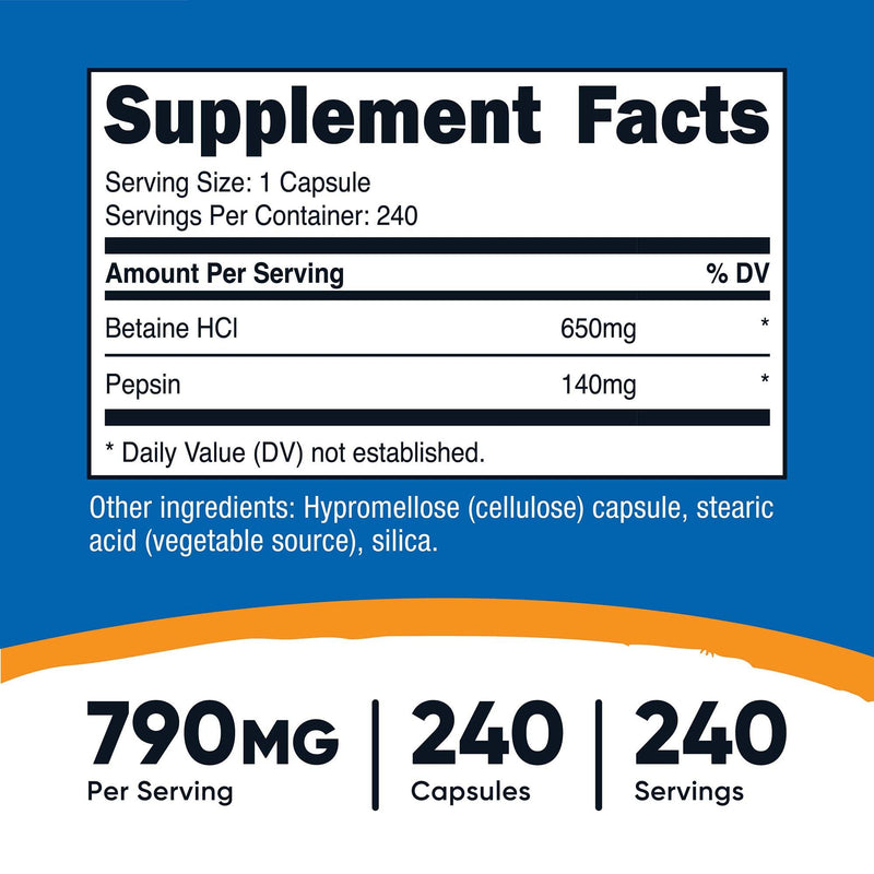 Nutricost Dietary Supplement nutricost Betaine HCl / Pepsin 790 mg Strength Capsule 240 Per Bottle (12/CS) 