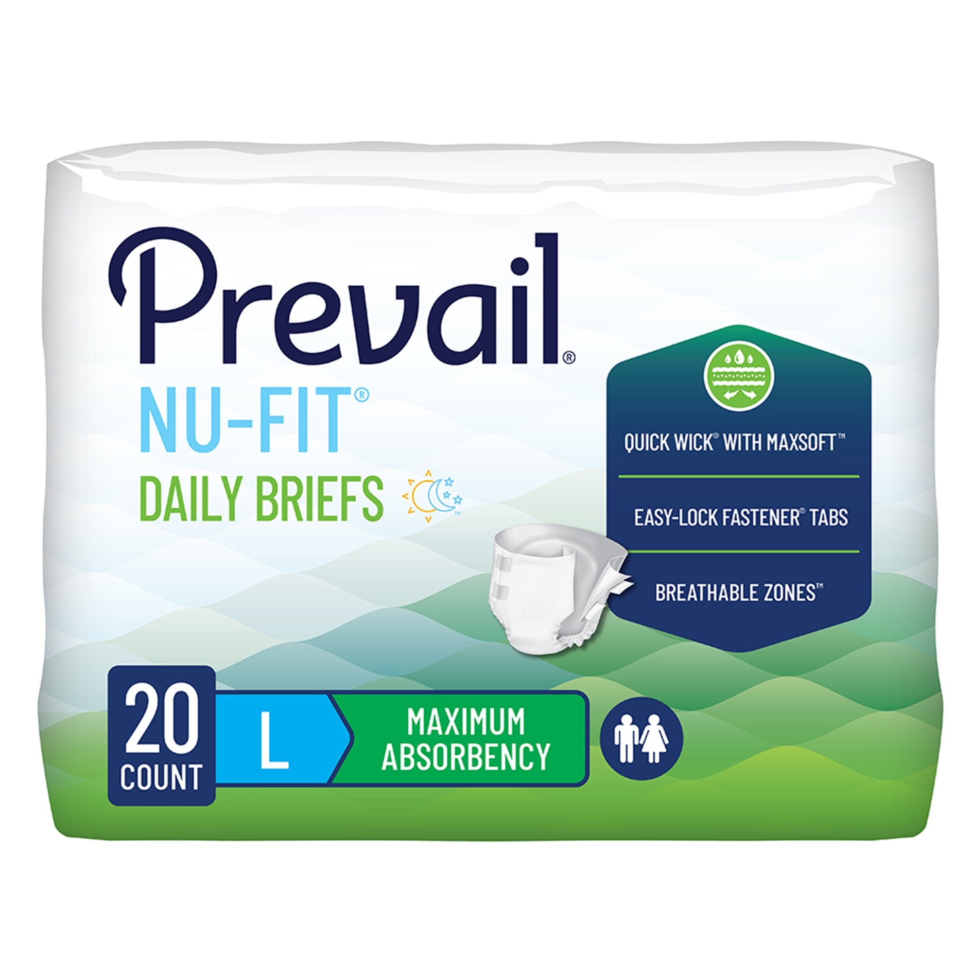 First Quality Products LLC Prevail Nu-Fit Daily Briefs, Maximum Absorbency, Large (80/CS) 