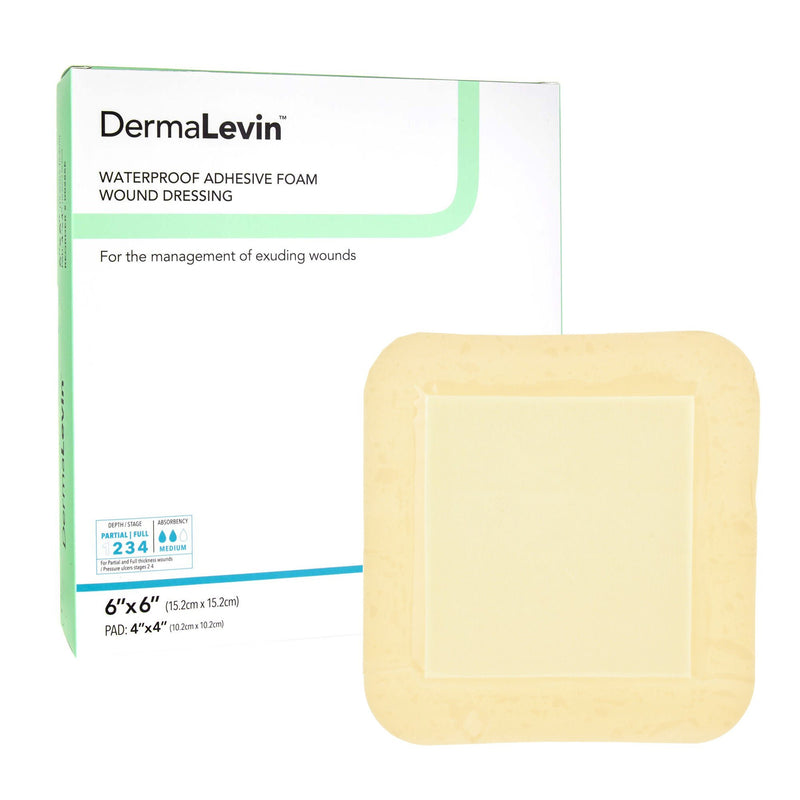 DermaLevin Adhesive with Border Foam Dressing, 6 x 6 Inch (Box of 10)