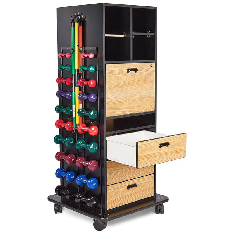 Hausmann Accessorized Multi-Purpose Weight Rack with Drawer Storage and Drop Down Work Counter with Drawer Open