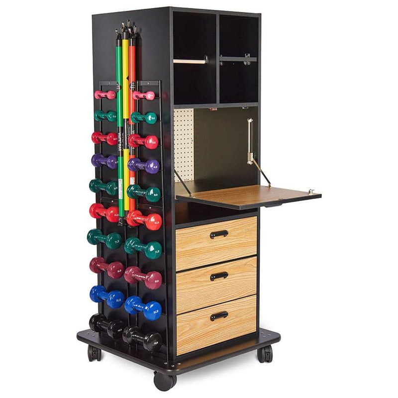 Hausmann Accessorized Multi-Purpose Weight Rack with Drawer Storage and Drop Down Work Counter with Work Counter Open