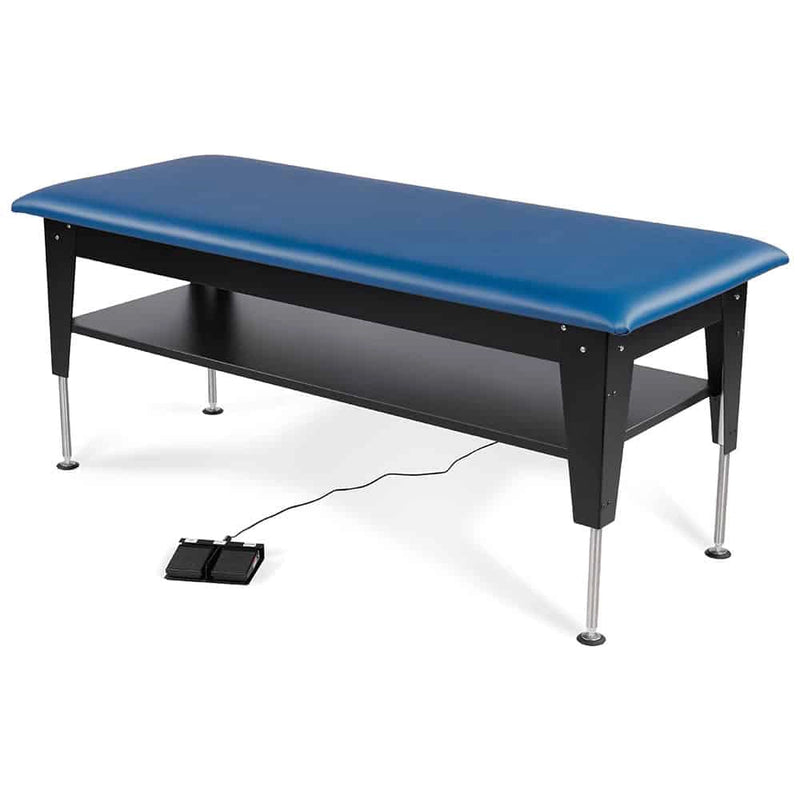 Hausmann ADA Bariatric Electric Hi-Lo Treatment Table with Storage Shelf raised and angled diagonally
