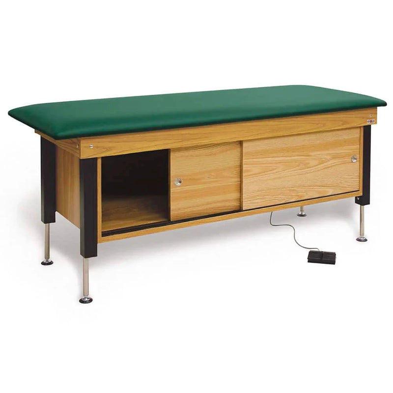 Hausmann Bariatric Electric Hi-Lo Treatment Table with Sliding Cabinet Doors  with Regimental Blue Pro-FORM Upholstery and Natur