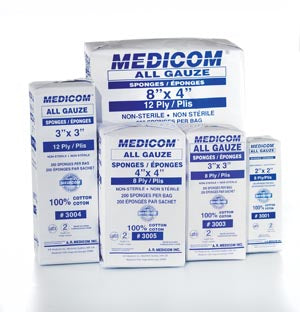 Medicom, Inc. Medicom All Gauze Sponges - Non Sterile  4" x 4", 12-Ply, 200/sleeve, 10 sleeve/cs