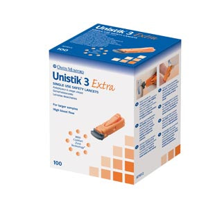 Owen Mumford Unistik 3 Pre-Set Single Use Safety Lancets  Extra, 21G, 2.0mm Penetration Depth, Orange, 100/b