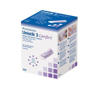 Owen Mumford Unistik 3 Pre-Set Single Use Safety Lancets  Comfort, 28G, 1.8mm Penetration Depth, Purple, 100