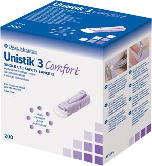 Owen Mumford Unistik 3 Pre-Set Single Use Safety Lancets  Comfort, 28G, 1.8mm Penetration Depth, Purple, 200
