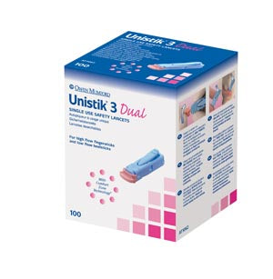 Owen Mumford Unistik 3 Pre-Set Single Use Safety Lancets  Dual, 18G, 1.8mm Penetration Depth, Blue, 100/bx