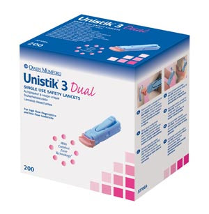 Owen Mumford Unistik 3 Pre-Set Single Use Safety Lancets  Dual, 18G, 1.8mm Penetration Depth, Blue, 200/bx