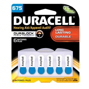 Duracell  Hearing Aid Battery  Battery, Zinc Air, Size 675, 6pk, 6 pk/bx, 6bx/cs