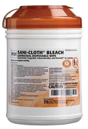 Pdi - Professional Disposables, Intl. Pdi Sani-Cloth Blea. Germicidal Disposable Wipe  . Germicidal Disposable Wipe, Lrg., 6" x 10½", 75/