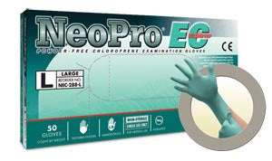 Ansell Microflex Neopro Ec Powder-Free Extended Cuff Chloroprene Exam Gloves  Green, Large, 50/bx; 10 bx/cs