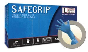Ansell Microflex Safegrip Powder-Free Extended Cuff Latex Exam Gloves  Blue, Large, 50/bx; 10 bx/cs