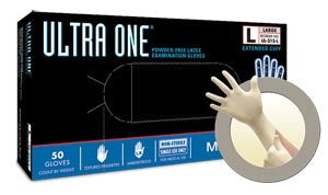 Ansell Microflex Ultra One® Powder-Free Extended Cuff Latex Exam Gloves  Fingers-Large-50-bx-10-bx-cs