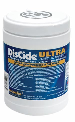 Palmero Discide Ultra Surface Disinfectant  DisCide Ultra Towelettes, 6” x 6 ¾”, 160ct/can, 12