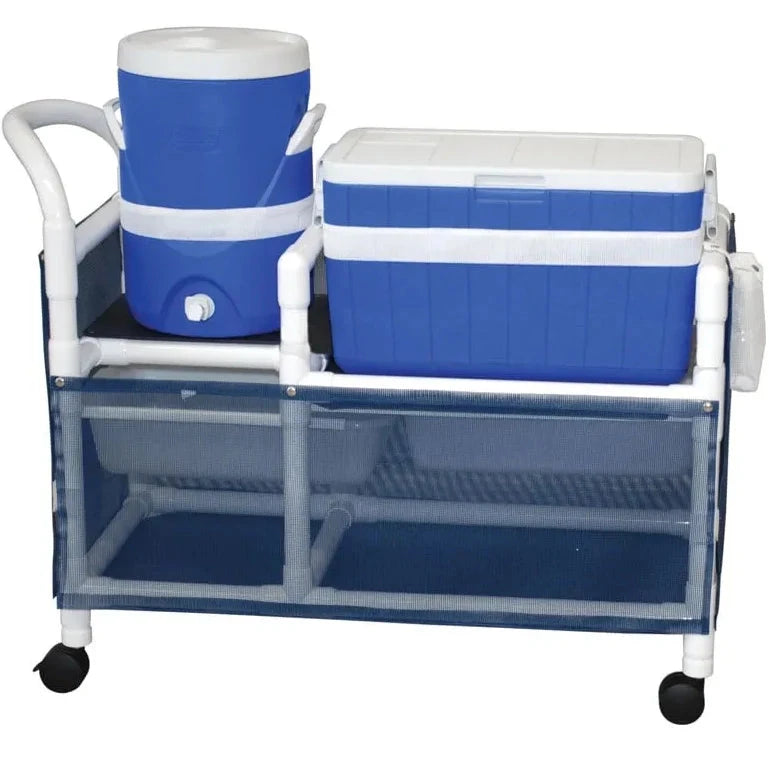 MJM International 800 Series Hydration / Ice Cart with 48 Quart Ice Chest, 5 Gallon Water Cooler, and Skirt Cover Panels  830-WH - White (Solid Vinyl Only)