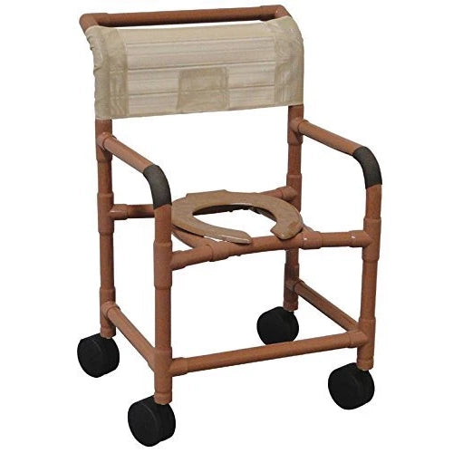 MJM International Mid-Size Shower Chair with 5" Twin Casters, Elongated Open Front Seat, Double Drop Arms, and Slide Out Commode Pail