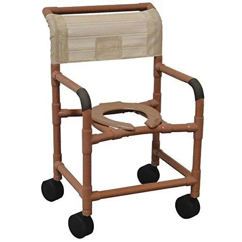 MJM International Mid-Size Shower Chair with 5" Twin Casters, Elongated Open Front Seat, Double Drop Arms, and Slide Out Commode Pail 