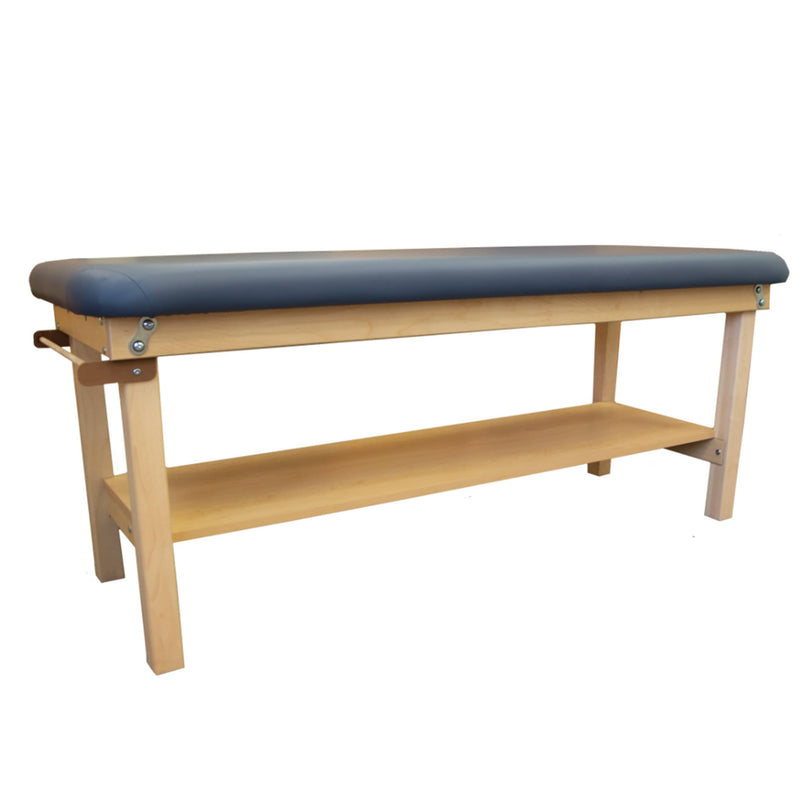 OakWorks 27" Wide Powerline Table with Flat Top and 1.75" Firm Response Padding  with Natural Finish, Storage Shelf, and Blue Grass