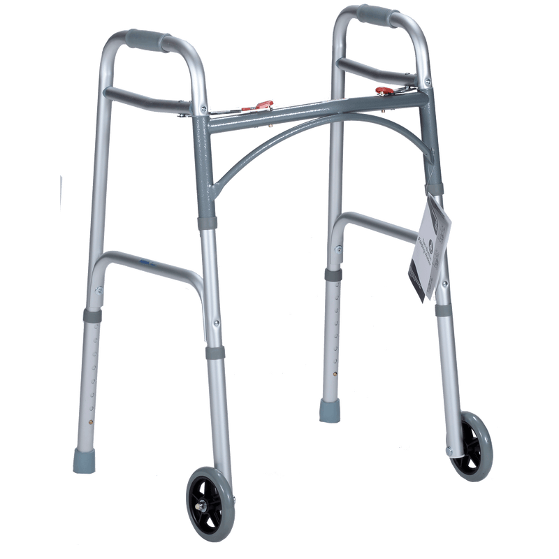 Dynarex Adult Two Button Folding Walker  5inch Wheels, 4 count