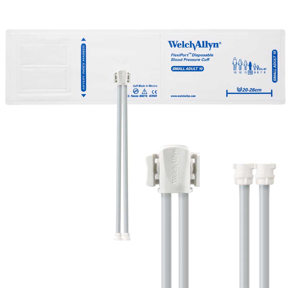 Welch Allyn FlexiPort Vinyl Disposable Blood Pressure Cuff with Two-Tube Locking Connector - Size-10 Small Adult