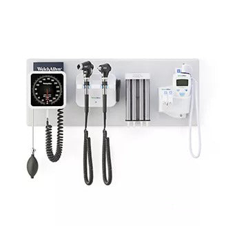 Welch Allyn Green Series 777 Integrated Wall System with PanOptic Plus LED Ophthalmoscope and MacroView Plus LED Otoscope for iExaminer  Ear Specula Dispenser, BP Aneroid, SureTemp Plus T