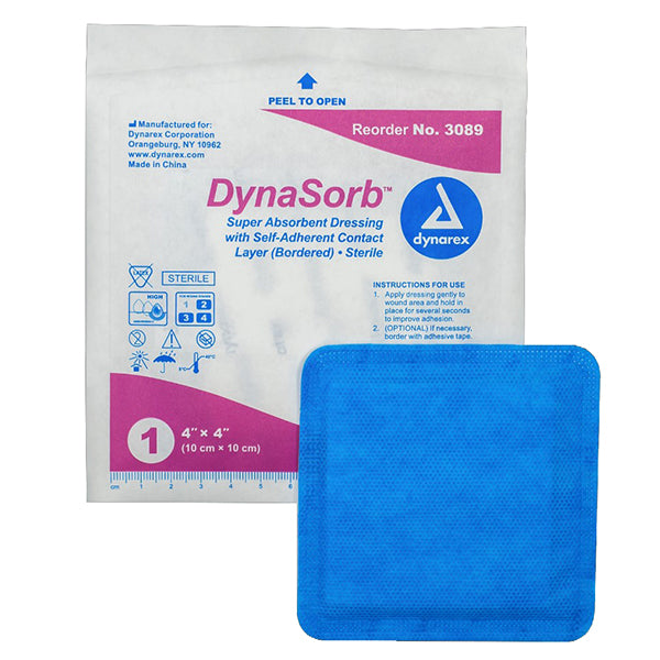 Dynarex DynaSorb Super Absorbent Dressings - Self-Adherent - 4" x 4"