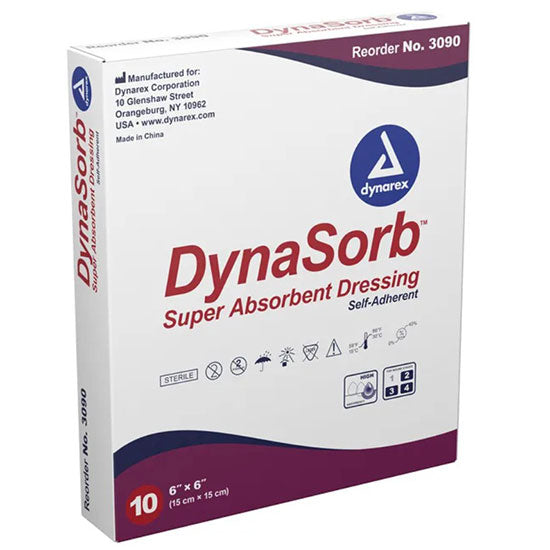 Dynarex DynaSorb Super Absorbent Dressings - Self-Adherent - 6" x 6" - Box
