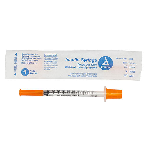 Dynarex Insulin Syringe (Non-Safety) - Wrapped - 1 cc - 28 G, 0.5" Needle
