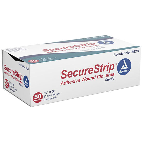 Dynarex SecureStrip Adhesive Wound Closure - Sterile - 0.25" x 3" - Box