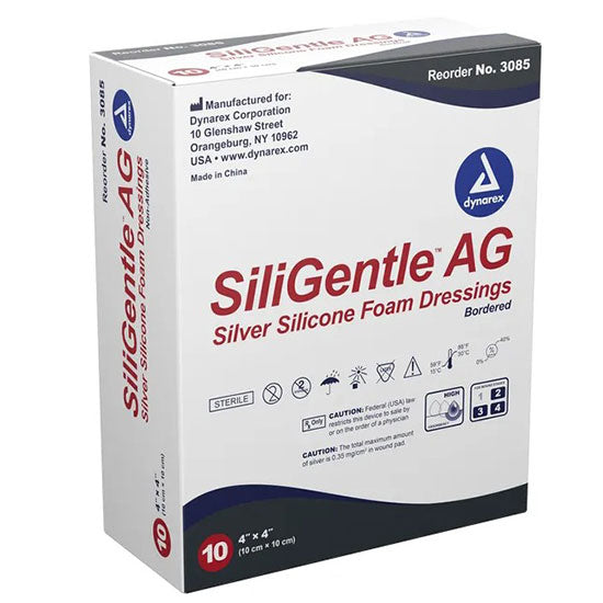 Dynarex SiliGentle AG Silver Foam Dressing - Silicone - 4" x 4" Box