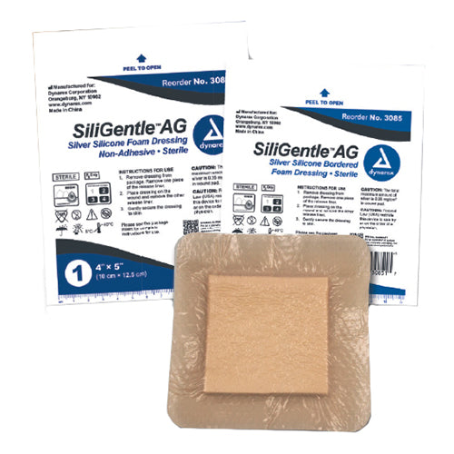 Dynarex SiliGentle AG Silver Foam Dressings - Silicone Bordered - 4" x 4"