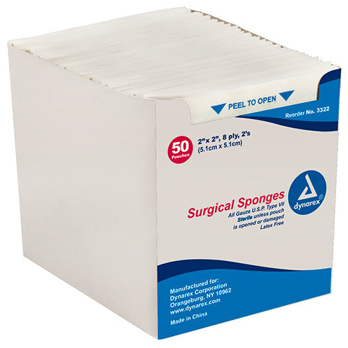 Dynarex Surgical Gauze Sponges - Sterile - 2"x 2" - 8 Ply