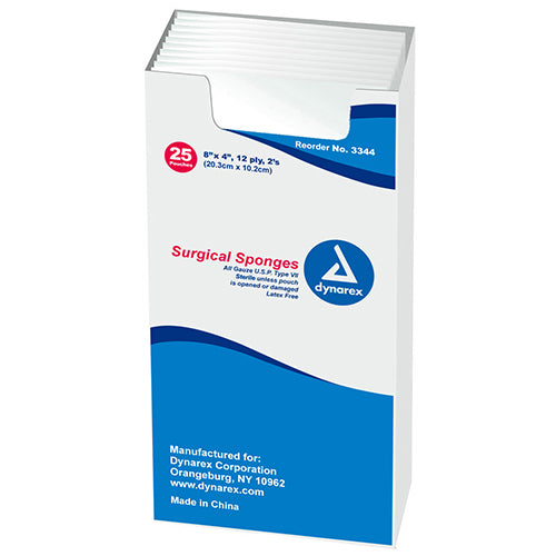 Dynarex Surgical Gauze Sponges - Sterile - 8" x 4" - 12 Ply
