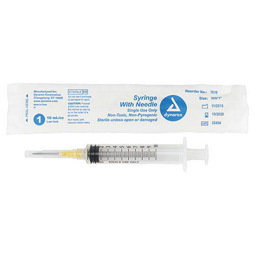 Dynarex Syringes With Needle - 10 cc - 20 G, 1"