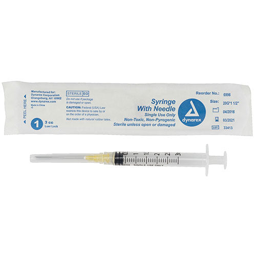 Dynarex Syringes With Needle - 3 cc - 20 G, 1.5"